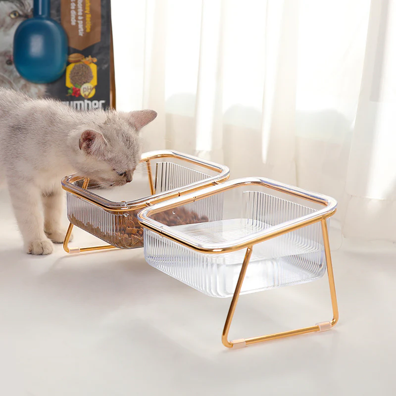 Double Transparent Cat Bowl with Vertical Design - Easy Feeding and Hydration Solution for Cats - Durable Metal and Plastic Construction, Ideal Pet Supplies